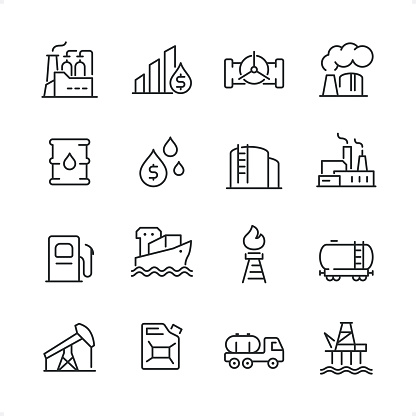 Oil Refinery  icons set #14 

Specification: 16 icons, 64×64 pх, editable stroke weight! Current stroke 2 pt. 

Features: pixel perfect, unicolor, editable stroke weight, thin line. 

First row of  icons contains:
Chemical Plant, Oil Barrel, Gas Pipe, Power Station;

Second row contains: 
Oil Drum, Oil Industry, Fuel Storage, Plant;

Third row contains: 
Fuel Pump, Cargo Ship (Industrial Ship), Natural Gas, Oil Tanker; 

Fourth row contains: 
Oil Pump, Gas Can, Fuel Tank, Oil Refinery.

Complete Cubico collection — https://www.istockphoto.com/uk/collaboration/boards/_R8CZuIXmUiUCIbekezhFA