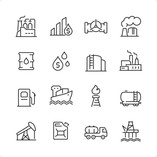 Oil Refinery - Pixel Perfect line icon set, editable stroke weight. Oil Refinery  icons set #14 

Specification: 16 icons, 64×64 pх, editable stroke weight! Current stroke 2 pt. 

Features: pixel perfect, unicolor, editable stroke weight, thin line. 

First row of  icons contains:
Chemical Plant, Oil Barrel, Gas Pipe, Power Station;

Second row contains: 
Oil Drum, Oil Industry, Fuel Storage, Plant;

Third row contains: 
Fuel Pump, Cargo Ship (Industrial Ship), Natural Gas, Oil Tanker; 

Fourth row contains: 
Oil Pump, Gas Can, Fuel Tank, Oil Refinery.

Complete Cubico collection — https://www.istockphoto.com/uk/collaboration/boards/_R8CZuIXmUiUCIbekezhFA petrol tank stock illustrations