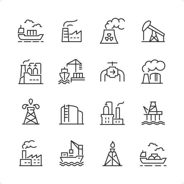 ilustrações de stock, clip art, desenhos animados e ícones de industry - pixel perfect line icon set, editable stroke weight. - oil industry oil rig computer icon oil