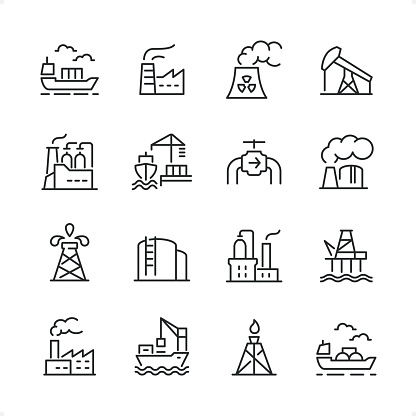 Industry icons set #15
Specification: 16 icons, 64×64 pх, editable stroke weight! Current stroke 2 pt. 

Features: pixel perfect, unicolor, editable stroke weight, thin line. 

First row of  icons contains:
Cargo Ship, Plant, Nuclear Power Station, Oil Pump;

Second row contains: 
Chemical Plant, Ship Unloading (Dock Crane), Oil Pipeline, Power Station;

Third row contains: 
Oil Derrick, Fuel Storage, Oil Industry, Oil Refinery; 

Fourth row contains: 
Plant, Industrial Ship, Natural Gas, Oil Tanker Ship.  

Complete Cubico collection — https://www.istockphoto.com/uk/collaboration/boards/_R8CZuIXmUiUCIbekezhFA