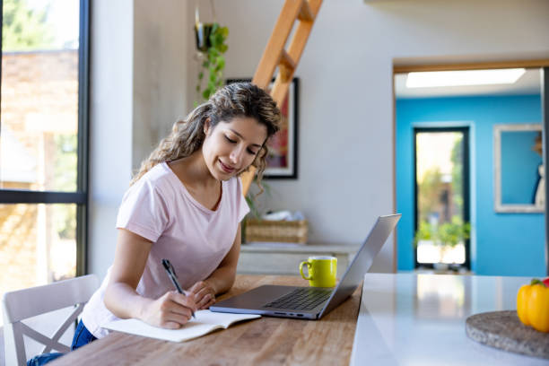 istock Happy woman working at home using her laptop 1421125479