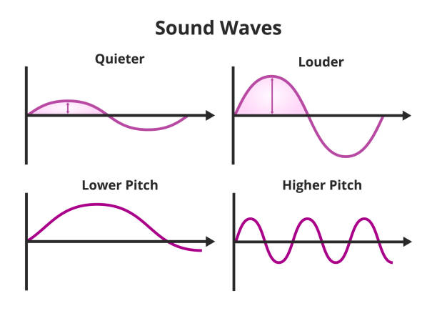 ilustrações, clipart, desenhos animados e ícones de gráfico vetorial com ondas sonoras. ondas de maior amplitude significam um som mais alto. ondas de amplitude menores significam um som mais suave ou silencioso. arremesso mais baixo, arremesso mais alto. mudança na frequência da onda sonora - alto descrição física