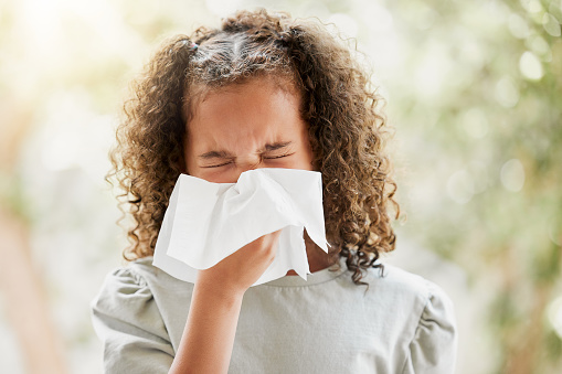 Sick little girl feeling unwell, blowing her nose and looking uncomfortable. Child suffering with sinus, allergies or corona symptoms. Kid with a bad cold or flu sneezing and holding a runny nose