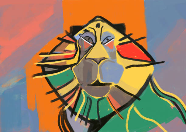 istock Lion portrait with silly expression. Cubism art paint influence and Cubist. 1421126931