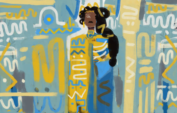 illustrations, cliparts, dessins animés et icônes de femme pharaon reine noire, expression fronçant les sourcils, portant un tissu ancien élégant et doré. art africain graffiti peinture art . - african descent illustrations