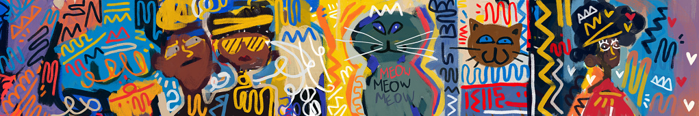 Street banner art with colorful graffiti. painting happiness and love with cat and figure girl and boy portrait.