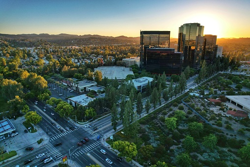 Warner Center in Woodland Hills during the sunset. The intersection pictured is the intersection of Oxnard and Canoga.