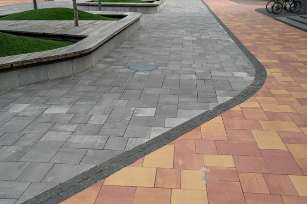 istock two-colored stone path for pedestrians with seats 1421131481
