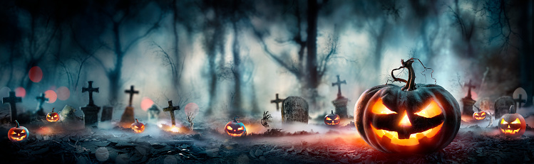 Halloween Scene - Pumpkins In Darkness Forest And Graveyard Landscape