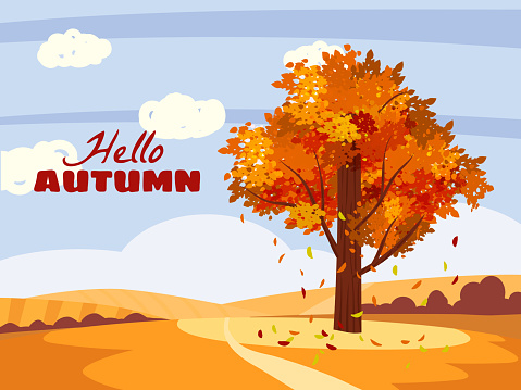 Hello Autumn landscape countryside farm scene, poster. Rural fall view fields, hills, cloud vector illustration cartoon style