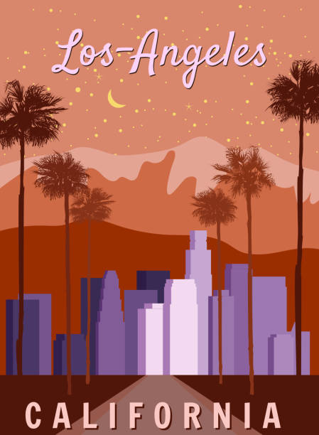 레트로 포스터 로스 앤젤레스, 시내, 도시 풍경. 빈티지, 장면 캘리포니아 - city of los angeles los angeles county downtown district cityscape stock illustrations