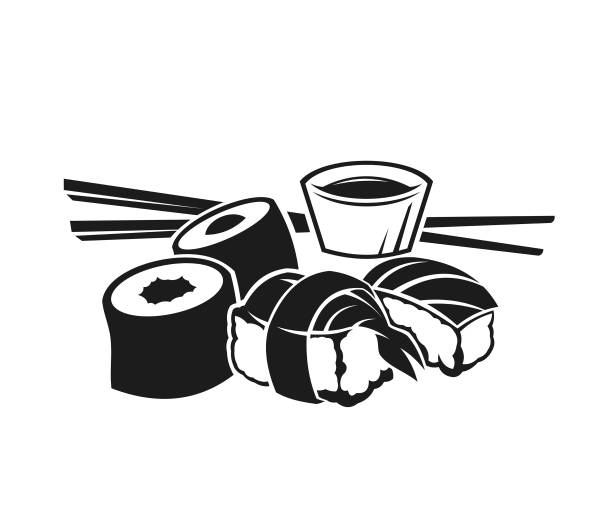 kuvapankkikuvitukset aiheesta sushikala, sämpylät, soijakastike ja syömäpuikot - sushi-setin kuvake japanilaiseen ruokaravintolaan, sushibaariin, valikkoon - aasialaiset markkinat