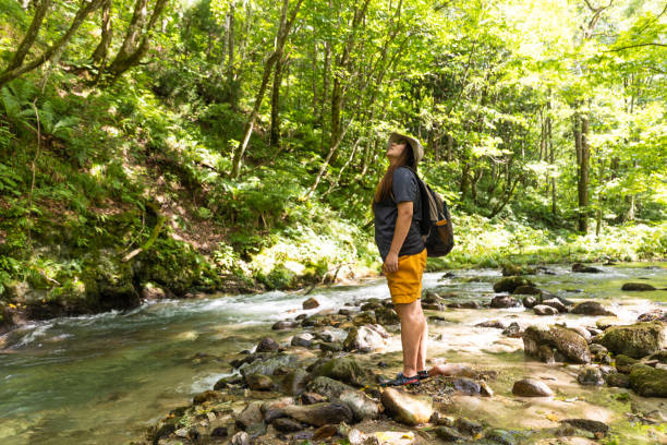 istock Solo female hiking and exploring a mountain stream 1421139661