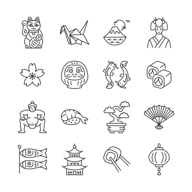 Japan line icon set. Japanese traditional vector sign with sakura, origami, maneki neko cat, daruma, koi fish, sushi, pagoda, sumo wrestler, geisha. Japan line icon set. Japanese traditional vector sign with sakura, origami, maneki neko cat, daruma, koi fish, sushi, pagoda, sumo wrestler, geisha. Editable stroke. cat origami stock illustrations