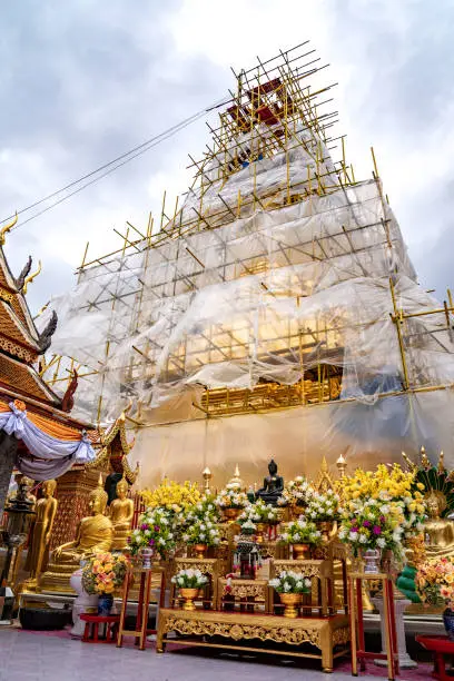 Photo of Phra That Doi Suthep is being restored to preserve its beauty on an overcast day. 23 July 2021