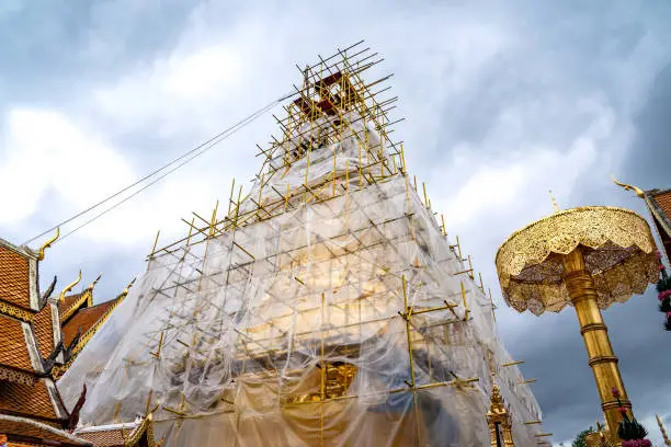 Photo of Phra That Doi Suthep is being restored to preserve its beauty on an overcast day. 23 July 2021