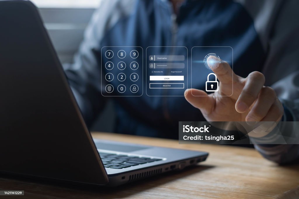 Concept of cyber security in biometric verification, multi-factor authentication, information security, encryption, secure access to user's personal information, secure Internet access, cybersecurity. Digital Authentication Stock Photo