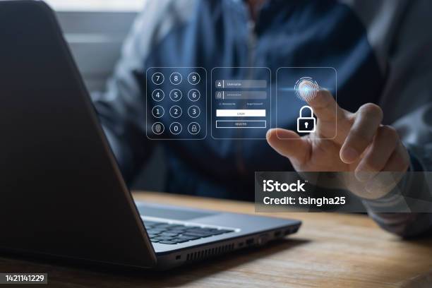 Concept Of Cyber Security In Biometric Verification Multifactor Authentication Information Security Encryption Secure Access To Users Personal Information Secure Internet Access Cybersecurity Stock Photo - Download Image Now