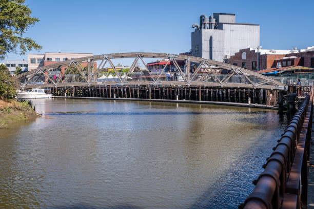 Petaluma, CA - May 20, 2022: View of a pedestrian bridge over the Petaluma River.