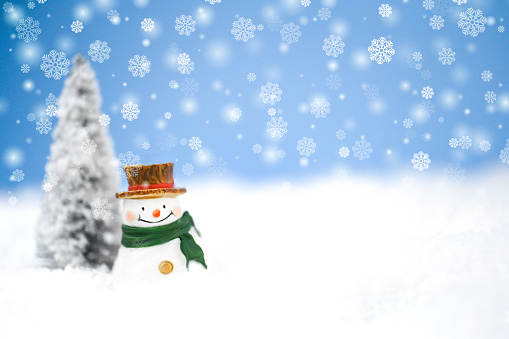 Christmas card with snowman in the snow