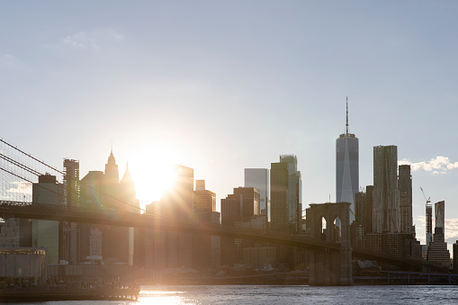 Sunset over the lower Manhattan skyline.