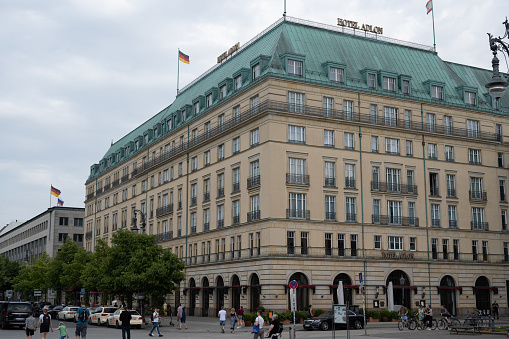 Berlin, Germany - June 19, 2022: The Hotel Adlon Kempinski Berlin, a luxury hotel, seen from Pariser Platz.