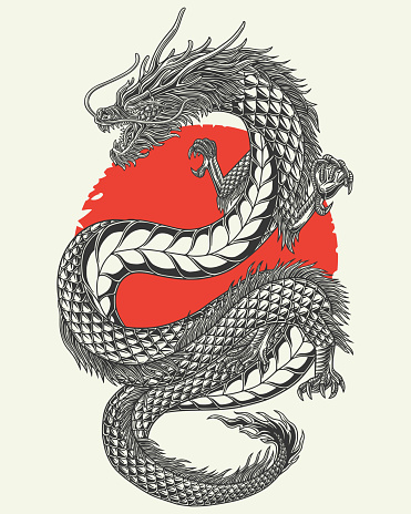 istock Aggressive japanese fantasy dragon concept in vintage monochrome style isolated vector illustration 1421147955