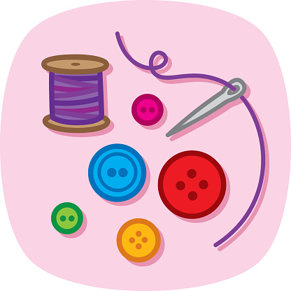 Vector illustration of hand drawn buttons, thread and needle against a pink background.