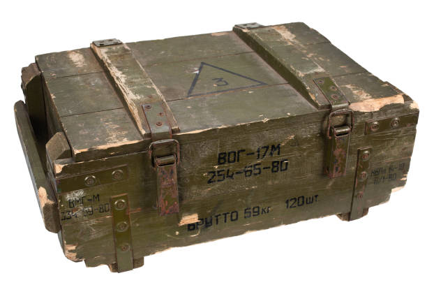istock Soviet army ammunition green crate. Text in russian - type of ammunition, projectile caliber, projectile type, number of pieces and weight. 1421152892