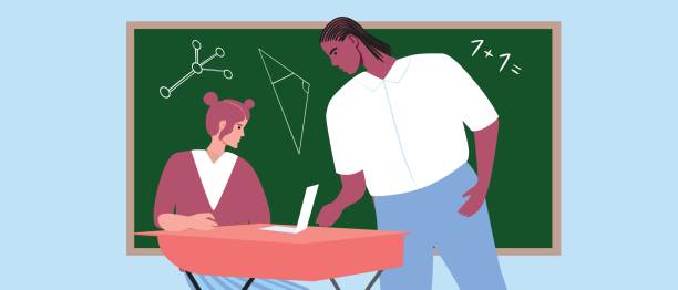 istock African teacher with schoolgirl with notebook in classroom at school, flat vector stock illustration 1421153297