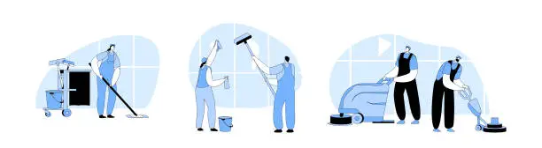 Vector illustration of Set Cleaning Company Staff Characters in Uniform Working with Equipment. Friendly Smiling Professional Janitor Workers