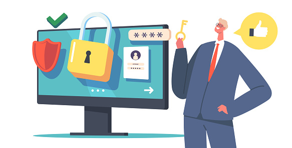 Data Protection Concept. Male Character Holding Key near Computer with Strong Password. Security or Privacy in Internet, Personality Verification, Secure Account Access. Cartoon Vector Illustration