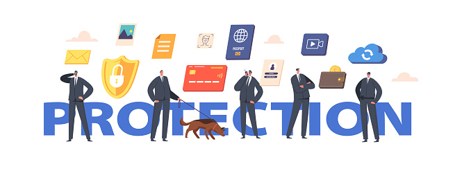 Privacy, Data Protection in Internet, Virtual Private Network Concept. Guards Characters with Dog, Shield and Lock, Data Security Poster, Banner or Flyer. Cartoon Vector Illustration