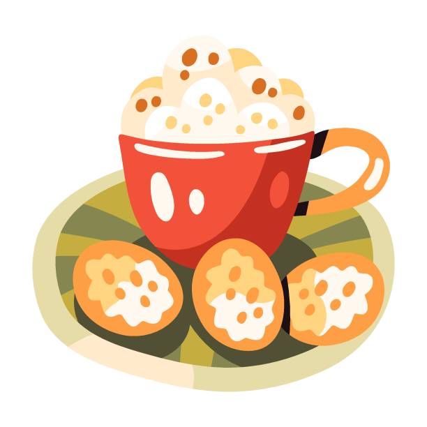 Autumn cup of coffee or cacao with fluffy foam and cookies vector art illustration