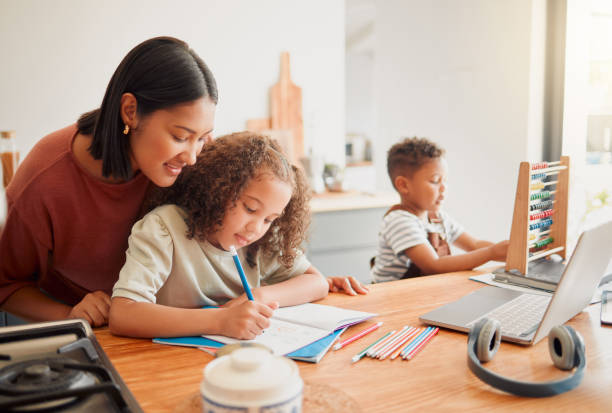 istock Education, learning and homework with a mother teaching and helping her daughter with writing, drawing and studying. Single parent and child bonding together as a family over school work at home 1421157915