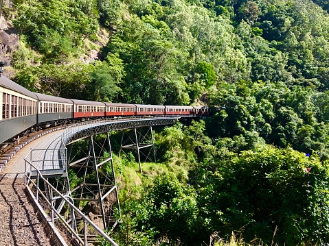 The Kuranda Railway train travelling along the largest bend in the track