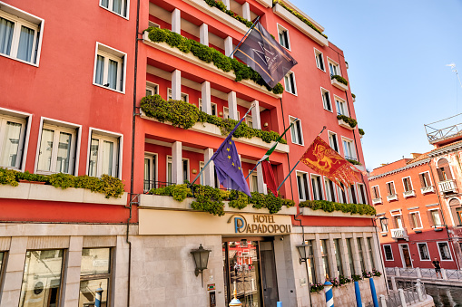 Venice, Italy - July 5, 2022: Exterior of the Hotel Papadopoli in Venice Italy