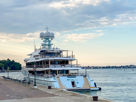 Venice, Italy - July 5, 2022: A luxury yacht docked in Venice Italy