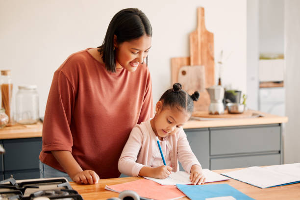 istock Home school, education and learning child while teaching mother watches daughter draw or colour. Female parent bonding with adorable, cute or little girl while she does homework, art activity or test 1421159304