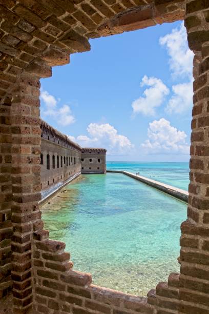 istock Fort Jefferson brick scarp wall and moat with tourists walking the counterscarp wall 1421161186