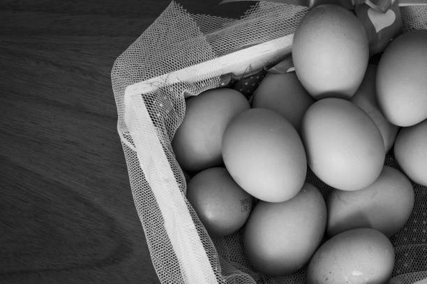Chicken eggs basket on wooden background (white and black)