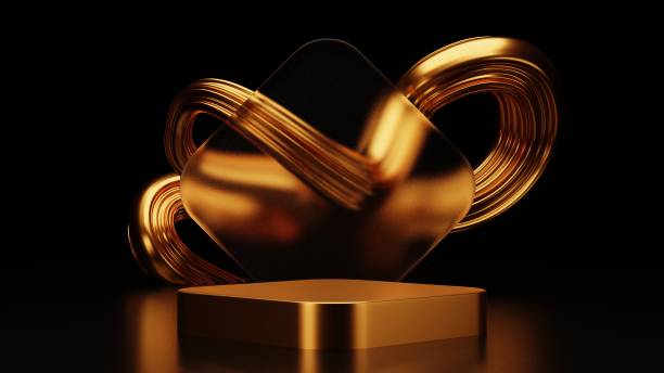 istock empty gold podium display for presentation, clean golden platform for product showcase, 3D Rendering 1421166390