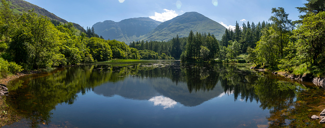 Glen Coe in the Lochaber area of the Scottish Highlands.Distant mountains reflected in the still waters of a calm,within a forest lake on a hot summer afternoon.