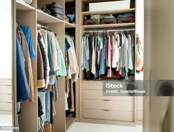 Walkin Closet Full Of Clothing In A Modern Home Stock Photo - Download Image Now - Closet, Walk-in Closet, Clothing