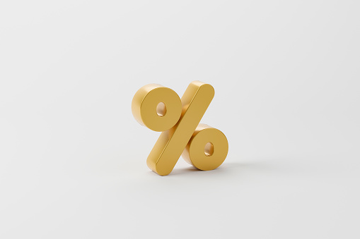 Gold color percentage icon on white background and copy space. 3d illustration