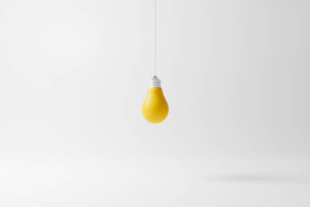 istock Hanging light bulb yellow standing on white background. Concept of creative idea and innovation. 3d render illustration 1421169413