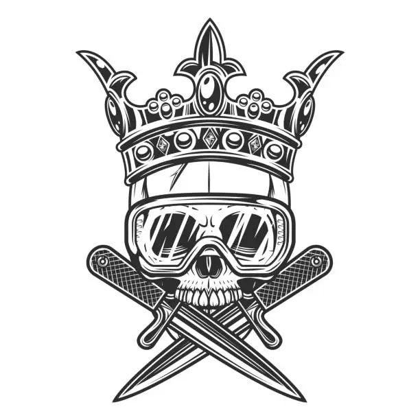 Vector illustration of Gangster king skull in crown with crossed knife and new construction builder safety glasses isolated vector illustration. Skeleton of a bandit prince with crossed dagger.