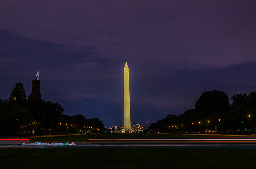 Long Exposure picture of illuminated Washington DC at night with the US. Capitol, Washington Monument and the Lincoln Memorial visible