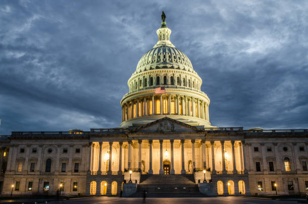 Front facade of Washington DC Capitol at night stock photo
