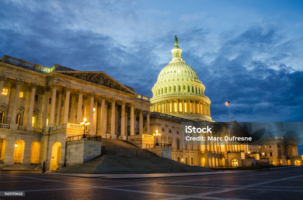 Front facade of Washington DC Capitol at night Front facade of Washington DC Capitol at night during summer Washington DC Stock Photo